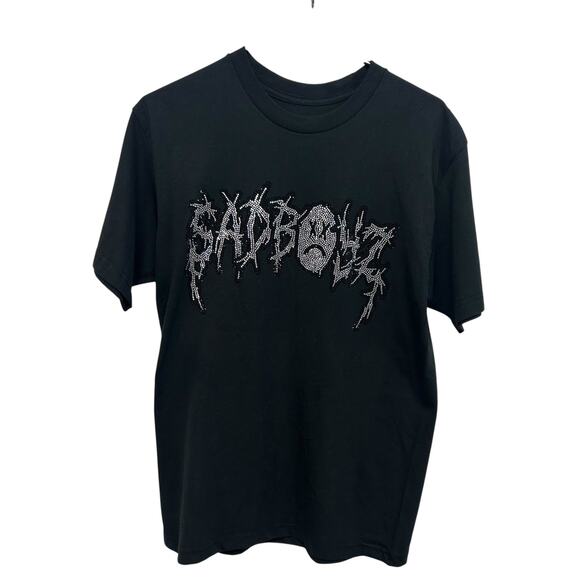Y2K Streetwear Rhinestone Graphic Tee Sad Boyz Black Cotton Medium - Picture 1 of 4